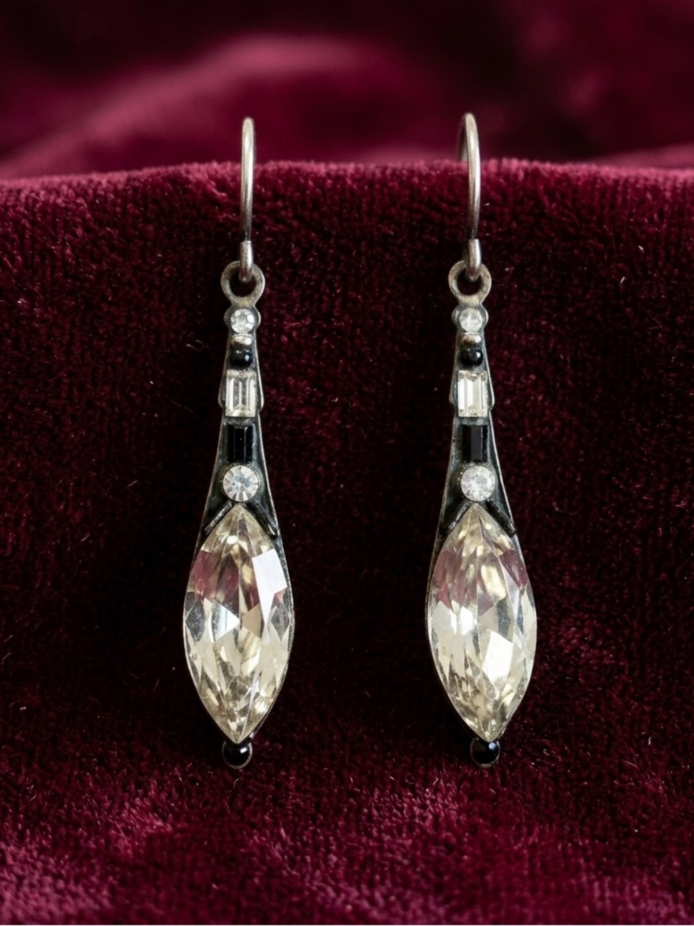 Firefly Vintage Crystal Dangle Drop Earrings Black Clear Mosaic Art Deco Boho